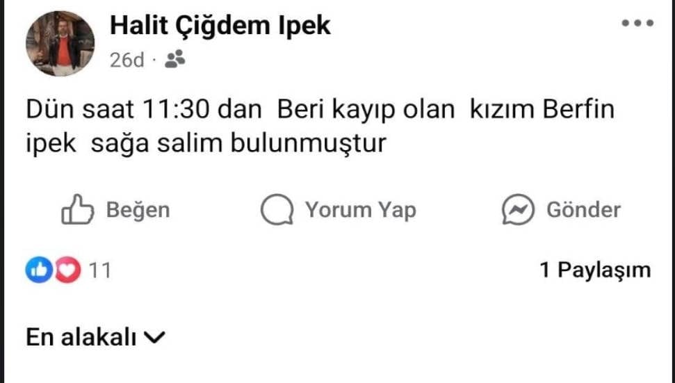 Kayıp Genç Kız Berfin İpek, Ailesine Sağ Salim Ulaştı 1 Kayıp Genç Kız Berfin İpek, Ailesine Sağ Salim Ulaştı